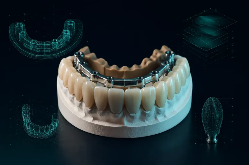 Viso žandikaulio cirkonio konstrukcija ant implantų su skaitmeniniu modeliu
